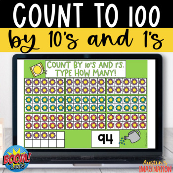 Preview of Count to 100 by 10s and 1s Spring Flowers Boom Cards Kindergarten Math