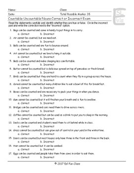 countable uncountable nouns correct incorrect exam tpt