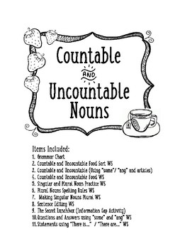 countable uncountable nouns worksheet packet esl efl tpt