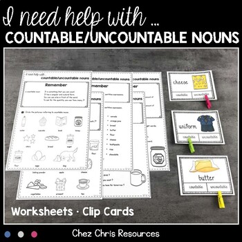 Preview of Countable and Uncountable Nouns Worksheets and Clothespin  Clip Cards