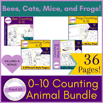 Preview of Counting 0-10 with Animals Bundle, 4 sets and bonus included, 41 Worksheets