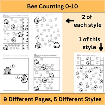 Preview of Counting 0-10 with Bees & Beehive, 9 Different Worksheets, Count, Draw and Color