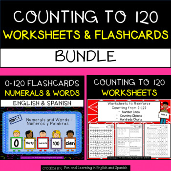 Preview of Counting 0-120 Bundle: Worksheets and Flashcards(English & Spanish - Words & #s)