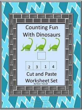 Preview of Dinosaur Math Cut and Paste Activities Counting Addition Subtraction Worksheets