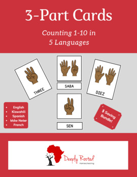 Preview of Counting (1-10) English, Spanish, Kiswahili, French, Mdw Neter 3-part Cards