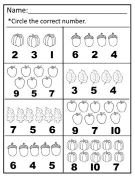 Counting 1-10 worksheets for Special Education, Autism, PreK/K (Fall theme)