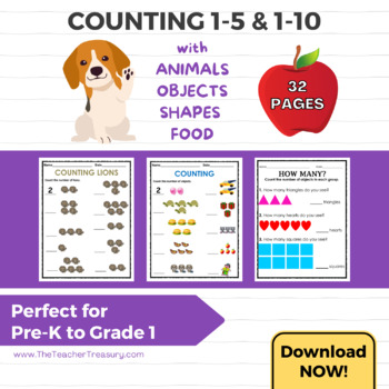 Preview of Counting 1 to 5  & 1 to 10 with Animals, Objects, Shapes and Food (Packet)