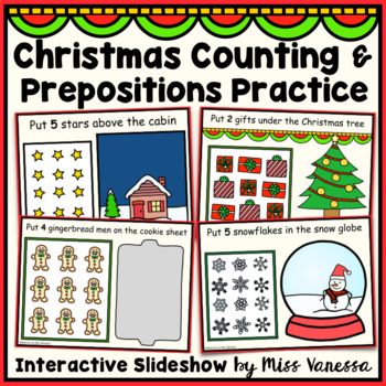 Preview of Counting And Prepositions Practice Christmas-Themed Interactive Slideshow