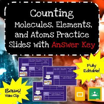 Preview of Counting Atoms, Elements, and Molecules Practice Slides with Answer Key & Video