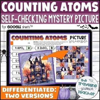 Preview of Counting Atoms Mystery Picture Unscramble Activity / Halloween Science