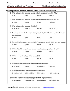 Empirical and Molecular Formulas  Worksheets  Practice Questions for Chemistry