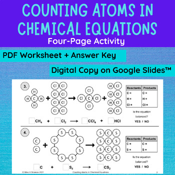 Preview of Counting Atoms for Balancing Chemical Equations Activity | Print and Digital