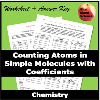 Preview of Counting Atoms in Simple Molecules with Coefficients Worksheet + Answers