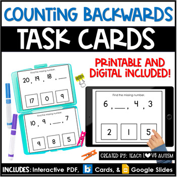 Preview of Counting Backwards 0-20 | Math Printable Task Cards | Boom Cards