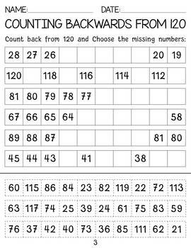Counting Backwards From 120, worksheets with Answer Key by BazLearning