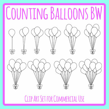 Counting Balloons - Bunch of Balloons on Strings - Math Clip Art BW