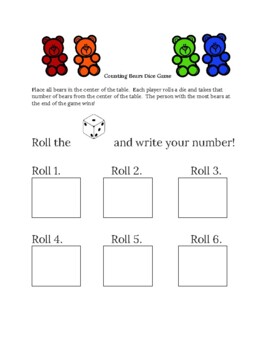 Preview of Counting Bears Dice Game, Print and Play, No Prep, Math Fun