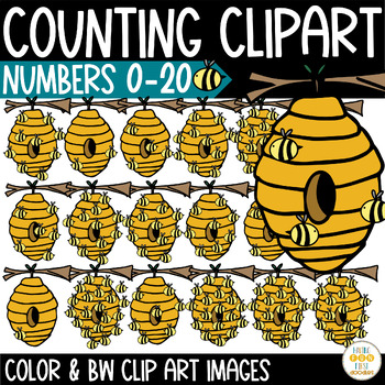 Preview of Counting Bees Clipart 0 to 20 Color and Black and White Images with Number Tiles
