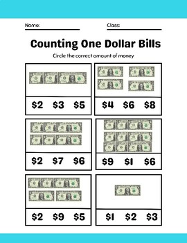 Preview of Counting Bills Worksheets- $1,$5,$10, $20