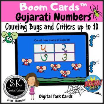 Preview of Counting Bugs and Critters in Gujarati, Numbers 1-10, Kindergarten, Boom Cards™️