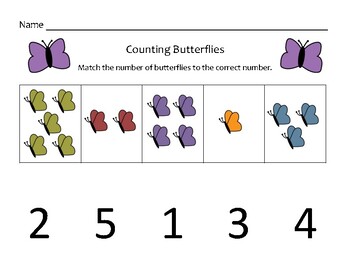 Preview of Counting Butterflies (matching pictures to numbers 1-5)