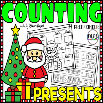 Preview of Counting Christmas Gifts CENTERS And Worksheets 1-10 Math Presents Pack