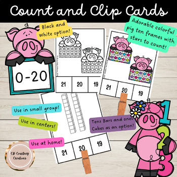 Preview of Counting Clip Cards | 0-20 | Cute Pigs - Colorful, Black & White, and More