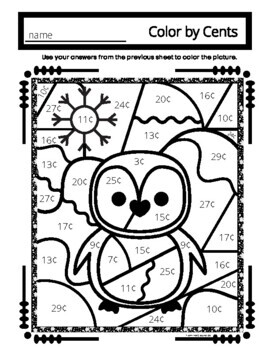 Counting Coins Color By Number Penguin Winter Themed Printable Worksheet