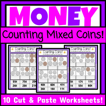 Preview of Counting Coins Cut and Paste Worksheets Counting Mixed Coins Special Education