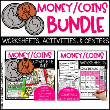 Preview of Coins Counting Identifying Value Activities Worksheets Centers BUNDLE