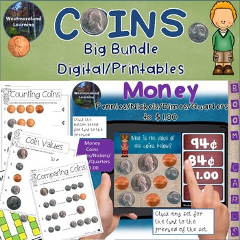 Preview of Counting Coins Money Big Bundle Worksheets Games & Digital Boom Cards