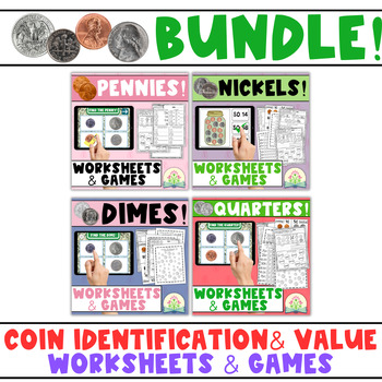 Preview of Counting Coins | Money Identification Worksheets & Coin Sort Games BUNDLE