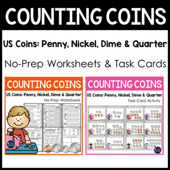Preview of Counting Coins Money Worksheets, Google Slides and Task Cards BUNDLE