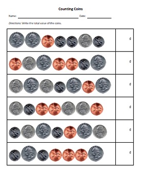 Preview of Counting Coins Worksheet (Mixed Coins, Real Pictures)