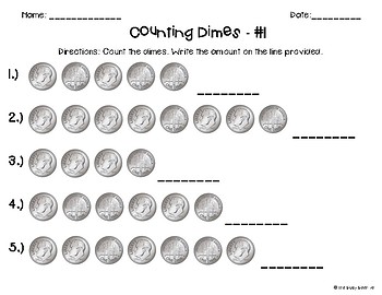 Counting Coins Worksheets: Dimes Only by The Busy Beehive | TpT