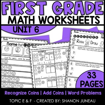 Preview of Counting and Recognizing Coins Worksheets 1st Grade Math Money Word Problems
