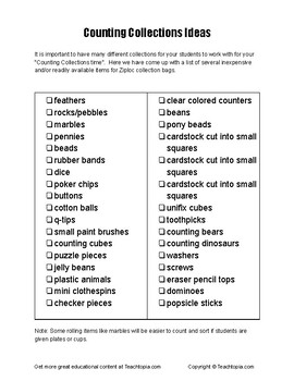 Preview of Counting Collections Ideas.  CGI Math Counting Collections list of ideas.