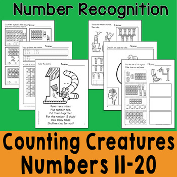 Preview of Counting Creatures 11-20 Number Worksheet Bundle- Heidi Songs