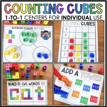 Preview of Counting Cubes No Prep Centers & Math Worksheets: Number Bonds, Patterns & more!