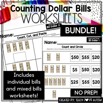 Preview of Counting Dollar Bills | Counting Money Worksheet Bundle | U.S. Bills