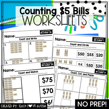 Preview of Counting Five Dollar Bills | Counting Money Worksheets | U.S. Bills