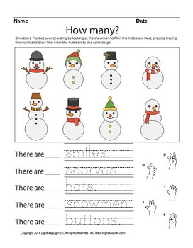 Preview of Counting-How Many? Snowman Subtraction, ASL Sign Language