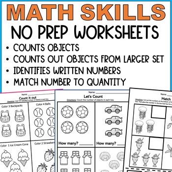 Preview of Early Math Skill Worksheets for Autism: Counting, Match Number to Objects & More