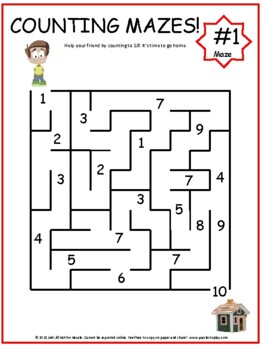 Preview of Counting Math Mazes: Practice 1 to 10 Easy Puzzle | Game Activity Worksheets