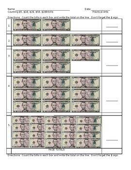Preview of Counting Money - $5, $10, $20, $50, $100 Bills