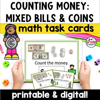 Preview of Counting Money Mixed Coins and Bills Printable and Digital Math Task Cards