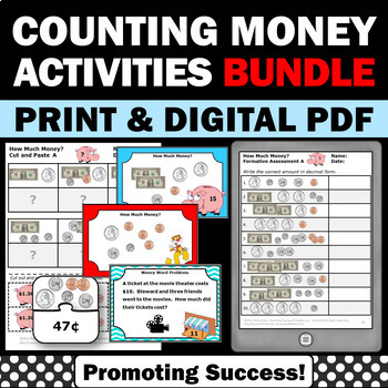 Preview of Counting Money Worksheets 2nd Grade Money Word Problems Task Cards Practice