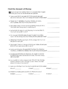 Preview of Counting Money - Find the Amount of Money - Worksheet