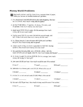 Preview of Counting Money - Money World Problems - Worksheet