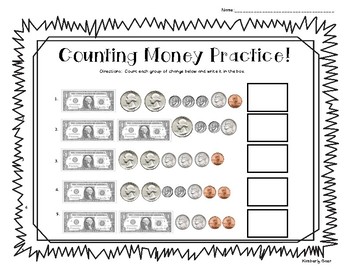 Preview of Counting Money Practice Worksheet - Coins and Dollar Bills
